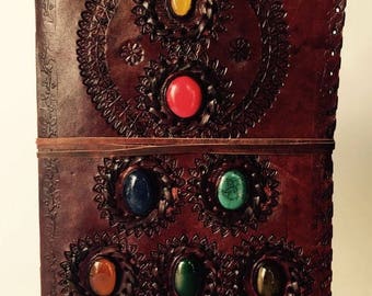 Leather Bound Journal, Leather Notebook, Blank Journal, Magical Seven Stones Journal