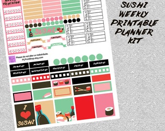 Cute Sushi Planner Kit, Printable Stickers, Digital planner, sushi, sashimi, chopsticks, soy sauce, cartoon, drawing, dinner, food, ECLP