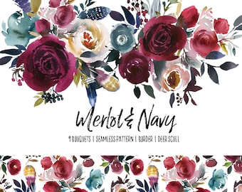 Boho Bordo & Navy Watercolor Floral Clipart Burgundy Red Flowers Deer Scull Horns Antlers Wedding Clipart PNG Wine Color Indigo Bouquets