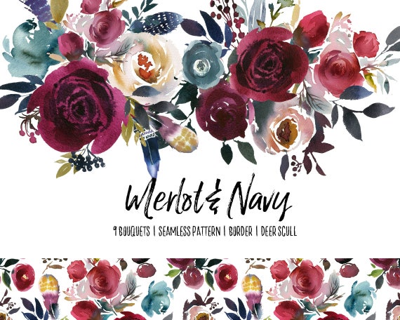 Boho Bordo & Navy Watercolor Floral Clipart Burgundy Red