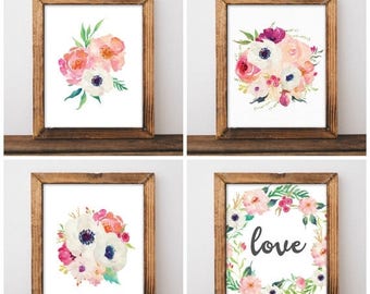 ON SALE Floral Nursery Decor - Watercolor Nursery Art - Anemone Nursery - Girls Nursery Prints - Pink Nursery - Digital Download 8x10 - Set