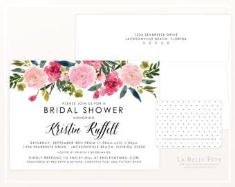 BRIDAL SHOWER / Bridesmaids luncheon invitations with watercolor floral poppies in blush and pink, with black dots