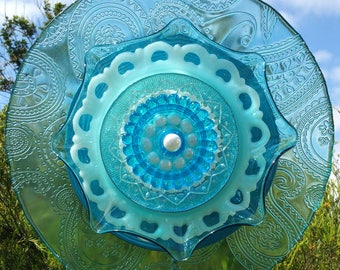 Turquoise Glass Flower Garden Art, Outdoor Decor, Glass Plate Flower, Yard Art Decoration, Unique Garden Gift, Patio, LinMoonDesigns