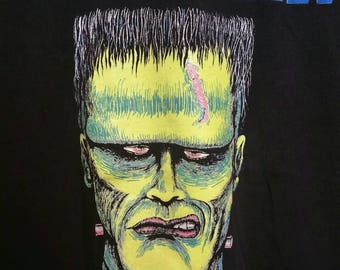 Vintage 90s Frankenstein Halloween Shirt, Size XL Black Large Graphic Print, Glow in the Dark, Bright Image, 46" Chest, Cool Shirt.
