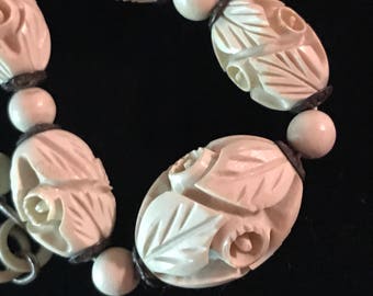Carved Celluloid Roses Necklace-Late Art Deco Period 18"