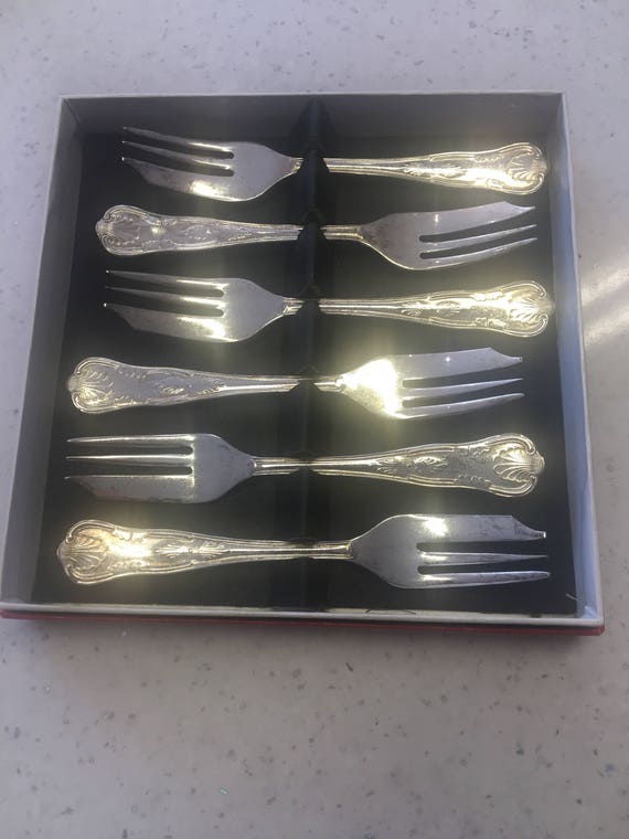 Boxed vintage set of six pastry forks/ cake forks Made in