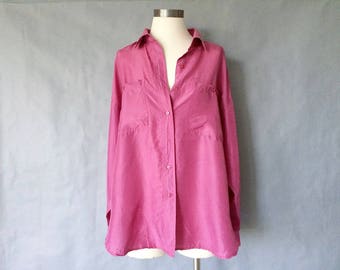 vintage silk blouse/ minimalist silk top/ silk shirt/ 80s silk top /pink women's size M/L