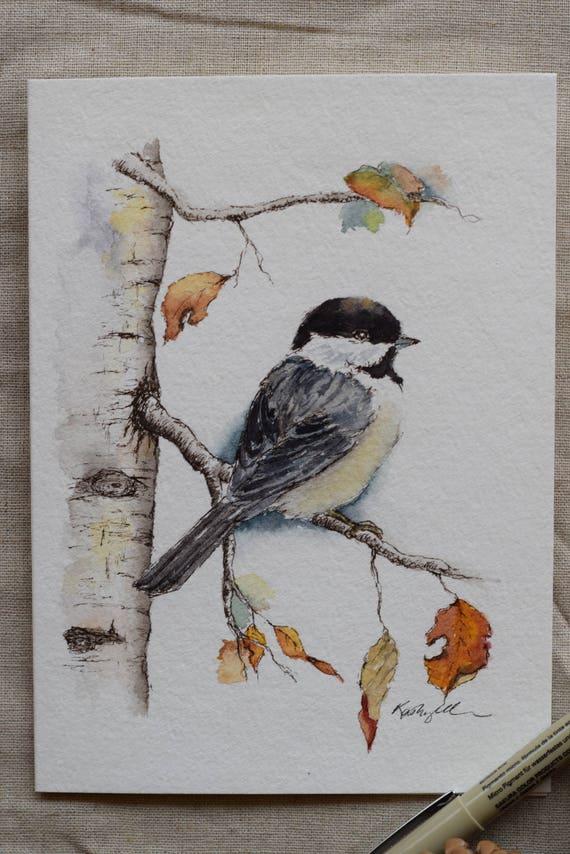 Little Chickadee Fall Leaves Holiday Christmas Card watercolor