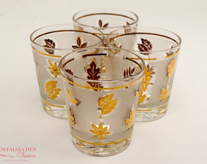 MCM Libbey Golden Foliage | Gold Leaf Frosted Glasses | Vintage Hostess 6 Oz Old Fashioned Glasses | Set of 4