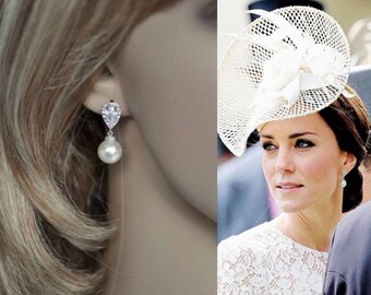 Your Choice Pearl Colour -- Handmade Celebrity Inspired Cubic Zirconia & Pearl Bridal Earrings, Bridal, Wedding (Pearl-343)
