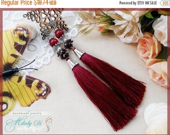 Sale Gift for woman Burgundy tassel earrings for lady Woman boho earrings Gift for girlfriend Fringe long earrings Red tassel jewelry burgun