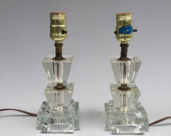 Pair Hollywood Regency Crystal Lamps - Small Bedside Lamps