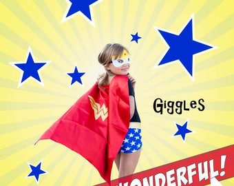 Wonderwoman Cape Mask Headband Set - Kids Costume - Superhero - Halloween Dress Up Girl Capes - Birthday Party Favors Wonder Woman Red Blue