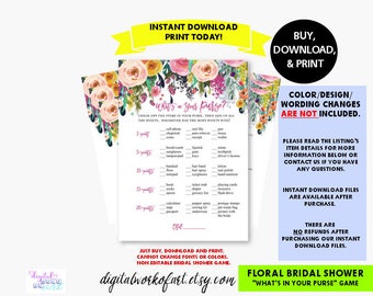 Floral Bridal Shower Game, What's in Your Purse Bridal Shower Game Printable PDF, Bachelorette Hens Party Game, Instant Download PDFBSGP-01