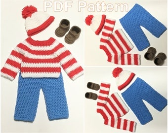 CROCHET PATTERN Waldo Outfit Costume Diaper Set Pattern Hat Shoes Pants