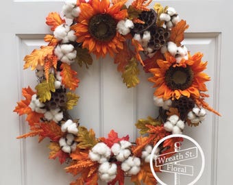 Fall Wreath, Autumn Wreath, Orange Wreath, Cotton Boll Wreath, Sunflower Wreath, Front Door Wreath, Grapevine Wreath, Wreath Street Floral