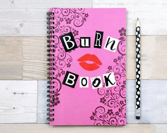 Writing journal, spiral notebook, sketchbook, bullet journal, planner, pink and black, mean girls, blank lined or grid paper - Burn book
