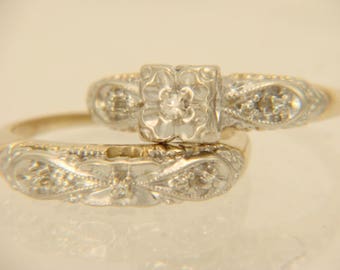 Vintage 14K Yellow Gold 1940's Diamond Wedding Ring Bridal Set Size 4.5