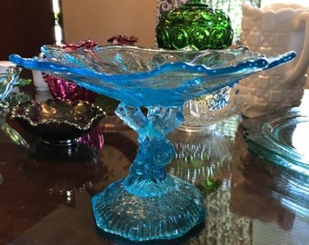 Antique Aqua Tree Trunk Pedestal Candy Dish by Portieux Vallerysthal