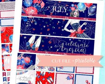 JULY MONTHLY KIT Printable, 4th of july planner stickers, Monthly view, printable planner sticker, independence day, erin condren monthly