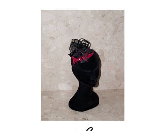 Black and red Fascinator handmade in sinamay fabric, leather leaf.