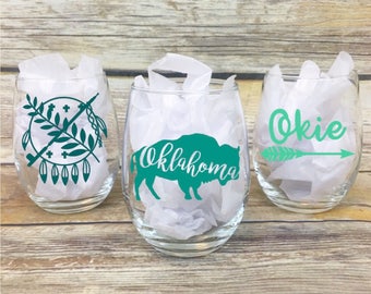Oklahoma Wine Glass Set || Wine Glass Set || Decorated Wine Glass || Turquoise Mint Teal || Bison || Osage Shield || Buffalo || Okie || Wine