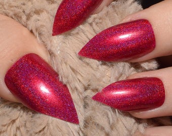 Pink Holographic Fake Nails, Long Sharp Stiletto False Nails, Hand Painted Press On Nails, Long Nails, Nail Designs, 20 Full Cover Nails.