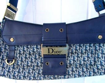 vintage superbe blue canvas and leather christian dior designer purse handbag/superbe christian dior sac à main en toile bleu et cuir
