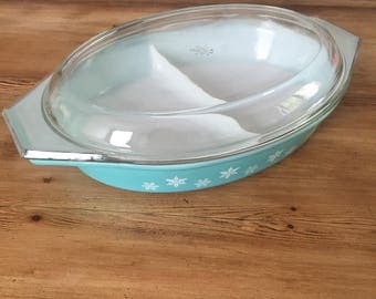 Vintage, Retro, Pyrex Turquoise Gaiety, Snowflake, Lidded Divided Dish, Collectable Pyrex Oval Serving Dish,Pyrex Oven to Table, Kitchenalia