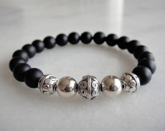 925 sterling silver bracelet with matt black onyx beads / Mens bracelet womens bracelet onyx bracelet Bali silver beads mens jewel