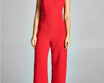 Women's Red Double Knit Criss Cross Halter Jumpsuit/Bridal Jumpsuit/Bridesmaid Jumpsuit/Party Jumpsuit/Plus Sizes/Wedding Jumpsuit