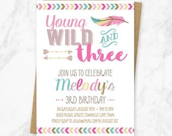 Young Wild and Three Invitation, Third Birthday, Girl Tribal Birthday, Wild and Three Birthday Invite, Tribal Birthday Invitation, Printable