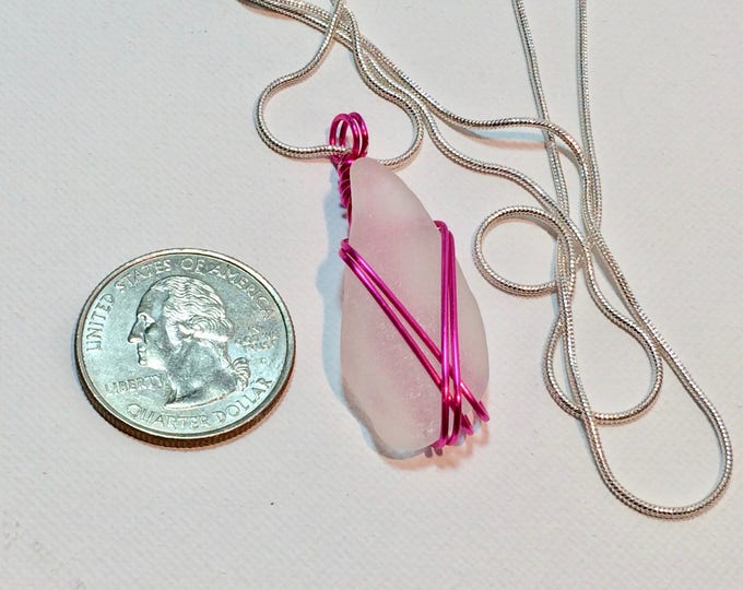 Cute Pendant Necklace Pink Wire wrapped Beach Glass Necklace