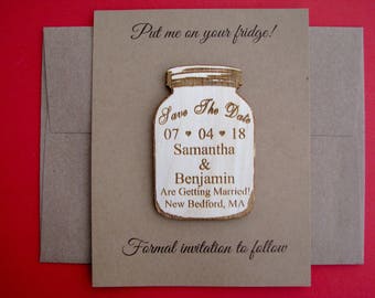 Mason jar save the date magnet set with envelope, rustic wedding, wooden refrigerator magnet, wedding gift, fancy personalized save-the-date