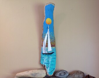 original,hand painted,sail boat,nautical,sunset,painting on driftwood,driftwood,painting of sailboat,cottage decor,acrylic painting