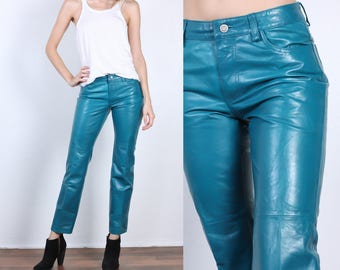 blue leather pants womens