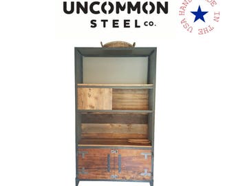 Industrial Bookcase, Industrial Bookshelf, Barn Wood Bookshelves, Reclaimed Wood Bookcase, Barnwood Shelving, Metal Bookshelf, Steampunk