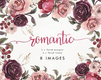 Watercolor set of 5 frames & 3 bouquet. Wedding, boho, floral, bohemian, clip art, vintage, collection, individual PNG, hand painted, rustic