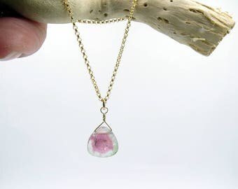 Watermelon Tourmaline necklace tourmaline gold necklace, tourmaline briolette, gemstone necklace, tourmaline dangle, Gift for her