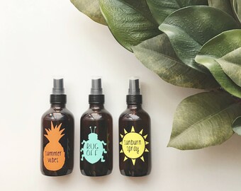 Summer label collection, summer vibes, sunburn spray, buy off, custom labels, essential oil labels, spray bottle labels, summer
