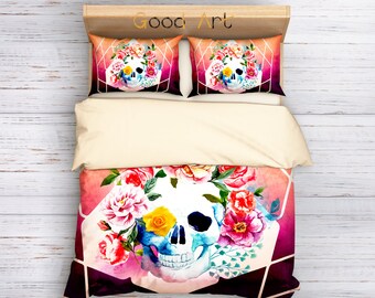 Sugar Skull Duvet Cover,Bedding Set Single,Twin,Queen,King,Skull Bedding,Floral Skull Bedding,Watercolor Sugar Skull Bedding