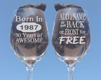 30th Birthday Wne Glass, Gifts for Women, 30th Birthday Gift for Men, 30th Birthday, Made in 1987, Personalized Birthday Gifts, Wine Glasses