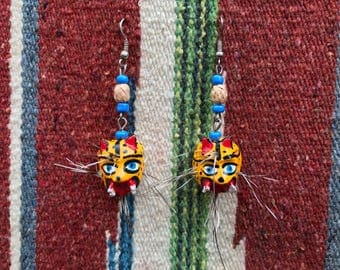 Vintage Handmade Wooden Jaguar Earrings, Comes with Pin as Free Gift, FREE SHIPPING