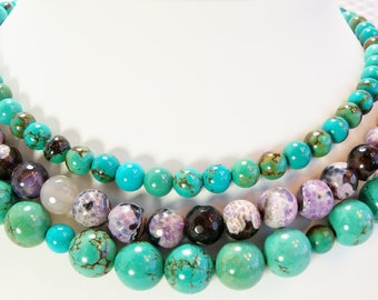 Turquoise and Purple Agate Necklace, Multi Strand Turquoise and Purple Bead Necklace, Turquoise Jewelry, Handmade, Semiprecious Bead Jewelry