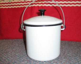 vintage White with Black trim enamelware berry pail with cover and bale handle SCARCE