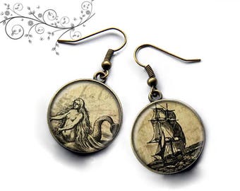 Earrings ship Mermaid, sea, ocean, sand, storm