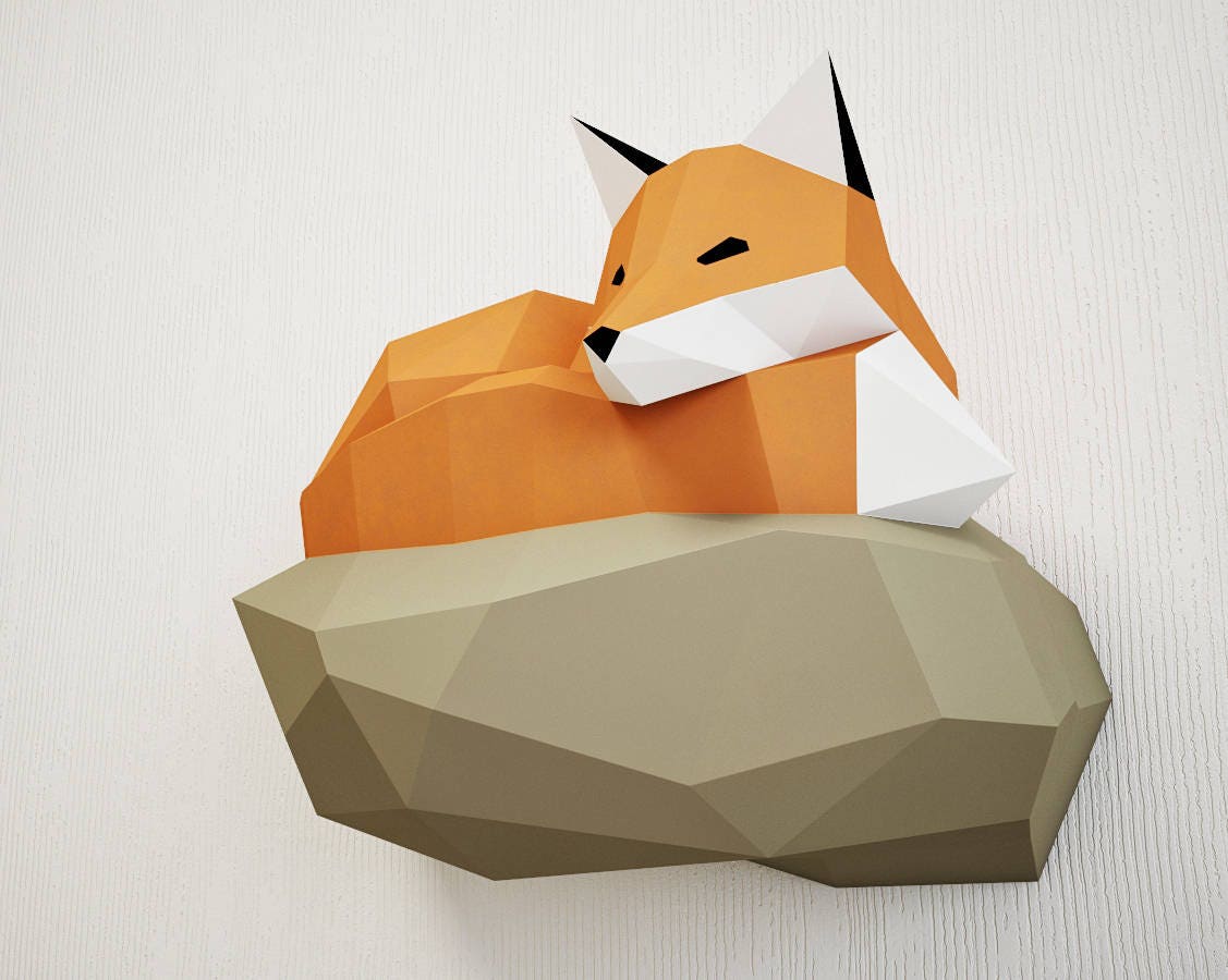 Papercraft Fox on rock, paper model, 3d paper craft, paper sculpture ...
