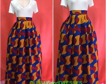 African ankara maxi skirt . Ankara skirt. Floor length skirt. Women's clothing .ankara wear. African clothing . Red blue and yellow skirt.