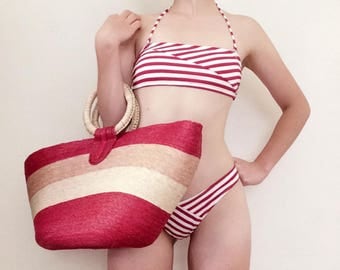 Vintage Oversized Striped Straw Handbag