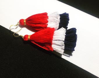 Patriotic Coco Three Tier Red, White & Blue Tassel Earrings - Handmade Tassel Earrings, American Tiered Tassel Earrings